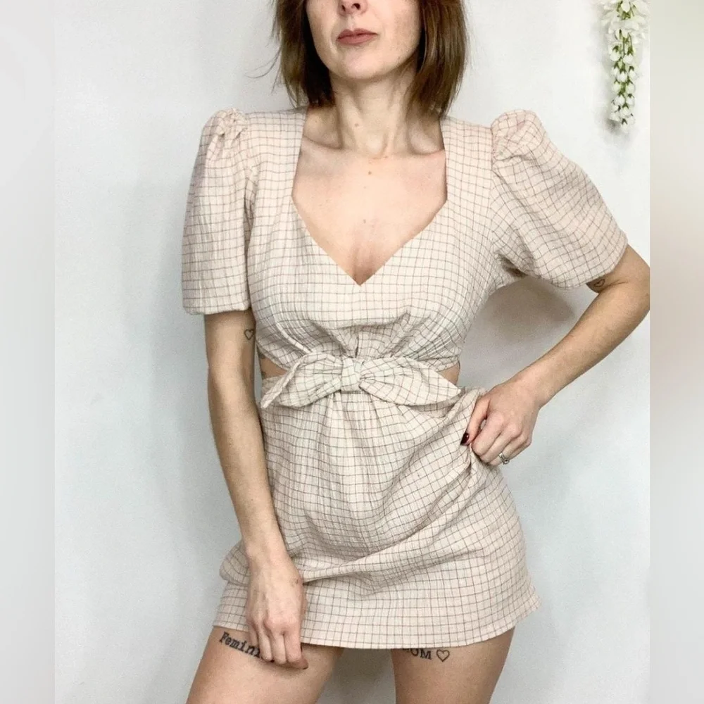 Zara NWT Size S Cotton/Linen Blend Plaid Cut Out Waist Minidress -NWT per Pics - Picture 3 of 10